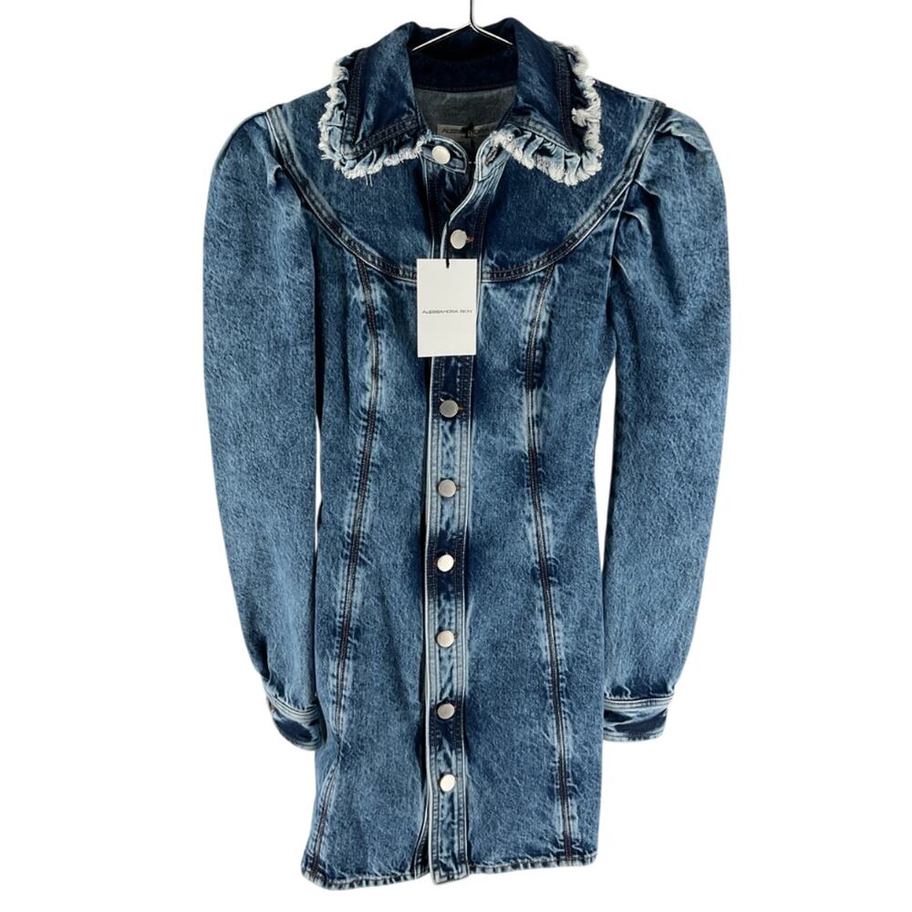 Alessandra Rich Distressed Blue Frayed Collar Mini Dress Size 36 IT / US 0 NWT - Picture 2 of 6
